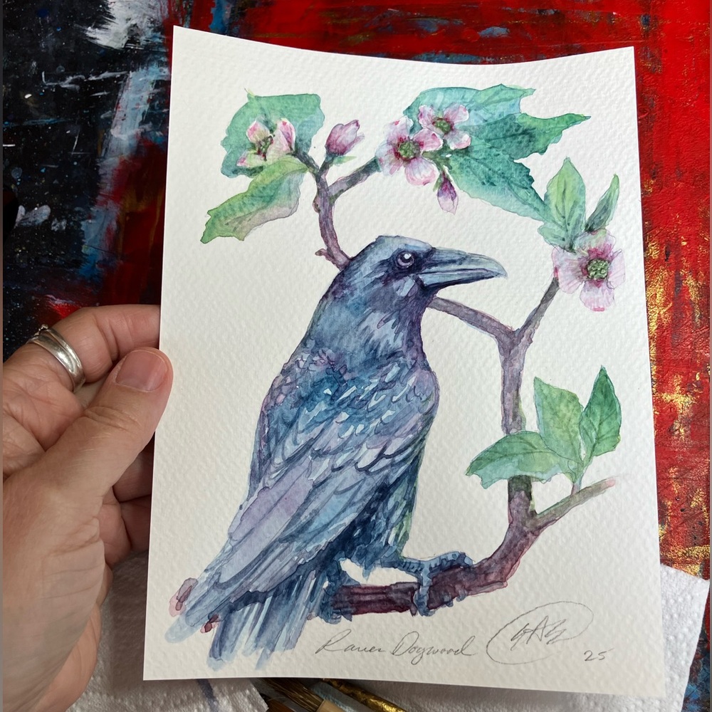 Raven Original painting dogwood floral art watercolor bird blossoms Artettina - Picture 2 of 6